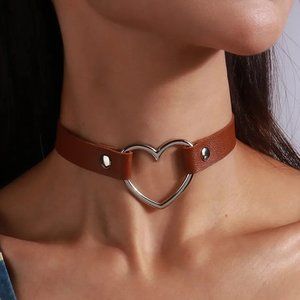 17" Open Heart Brown Choker Necklace Vegan Leather Punk